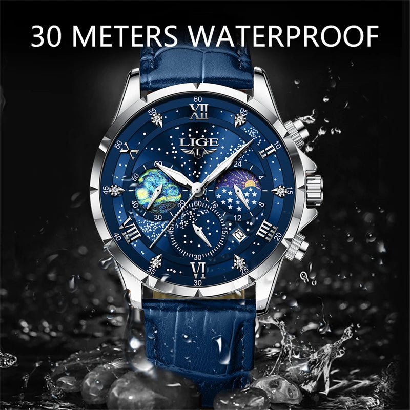 Montre Quartz LIGE Phase de Lune Cuir Homme