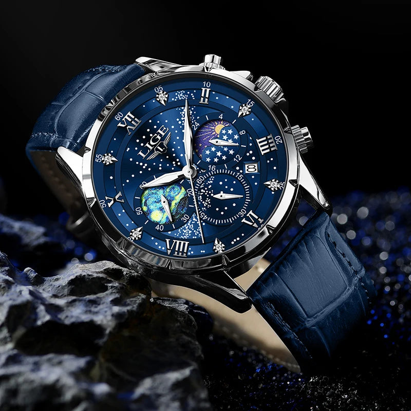 Montre Quartz LIGE Phase de Lune Cuir Homme
