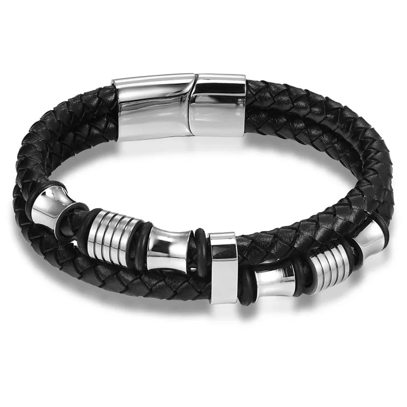 Bracelet Multi-Rangs Cuir & Acier Brossé