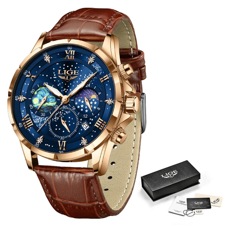 Montre Quartz LIGE Phase de Lune Cuir Homme