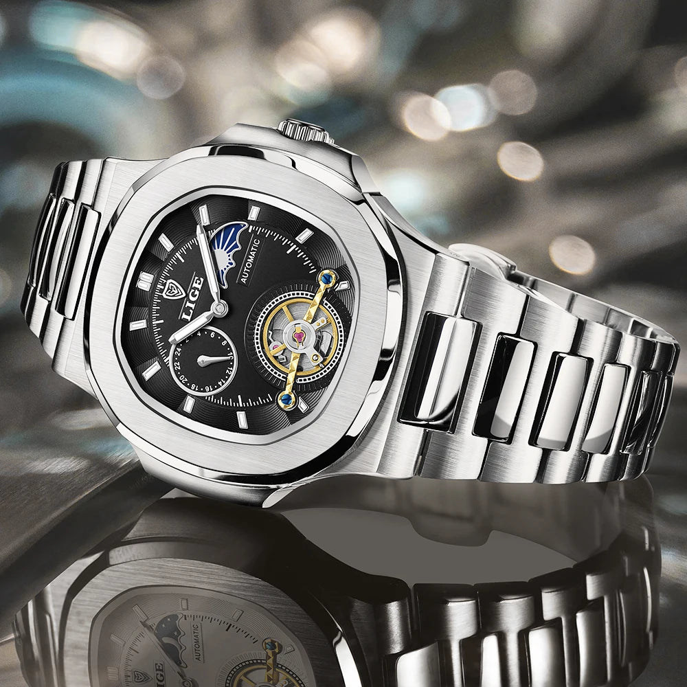 Montre Automatique LIGE Tourbillon Squelette Homme