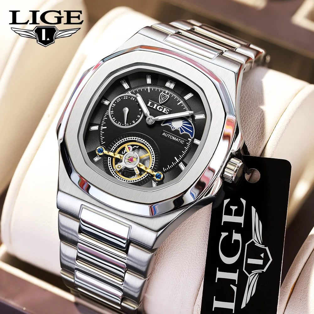 Montre Automatique LIGE Tourbillon Squelette Homme