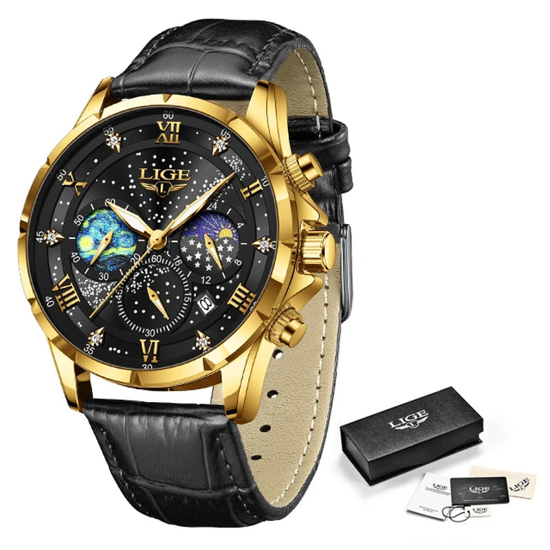 Montre Quartz LIGE Phase de Lune Cuir Homme