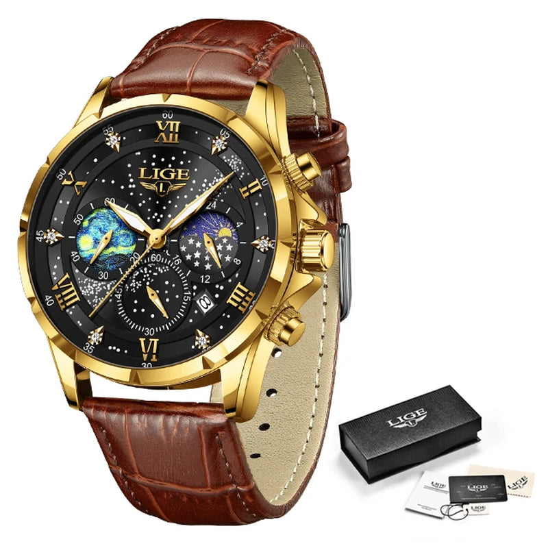 Montre Quartz LIGE Phase de Lune Cuir Homme