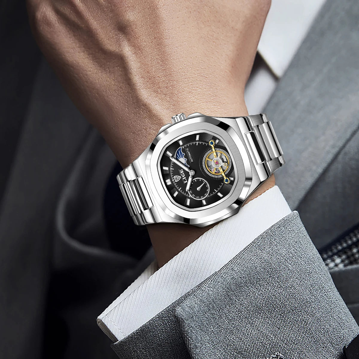 Montre Automatique LIGE Tourbillon Squelette Homme