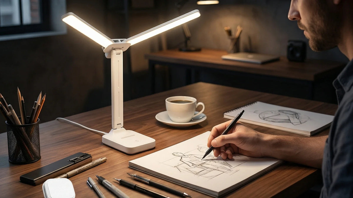 La lampe CLARTÉ dépliée au-dessus d'un bureau, éclairant une feuille de dessin