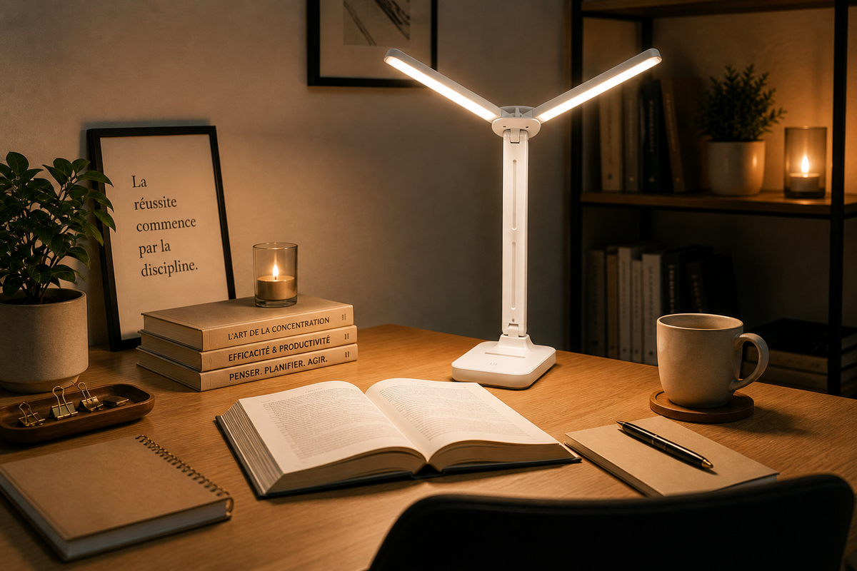 La lampe CLARTÉ posée sur un bureau, ses deux têtes éclairant un livre ouvert