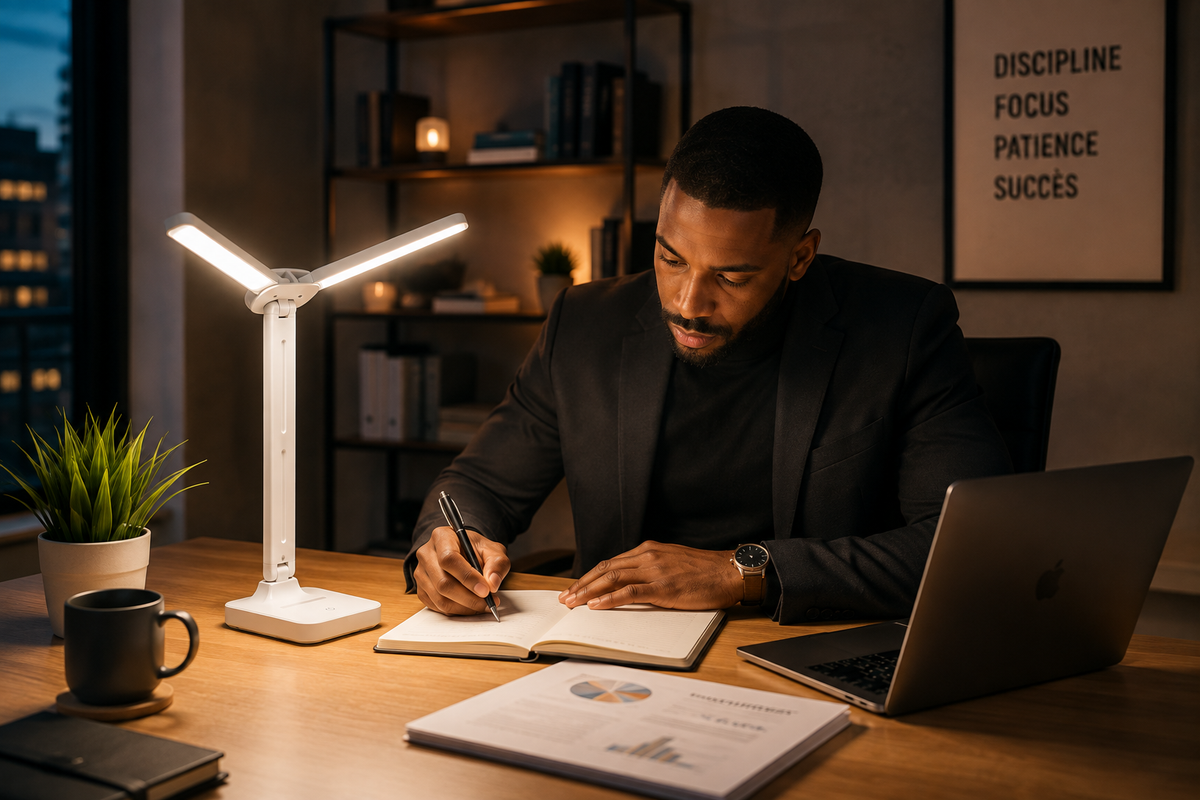 Un homme écrit dans un carnet à son bureau le soir, éclairé par la lampe CLARTÉ à double tête
