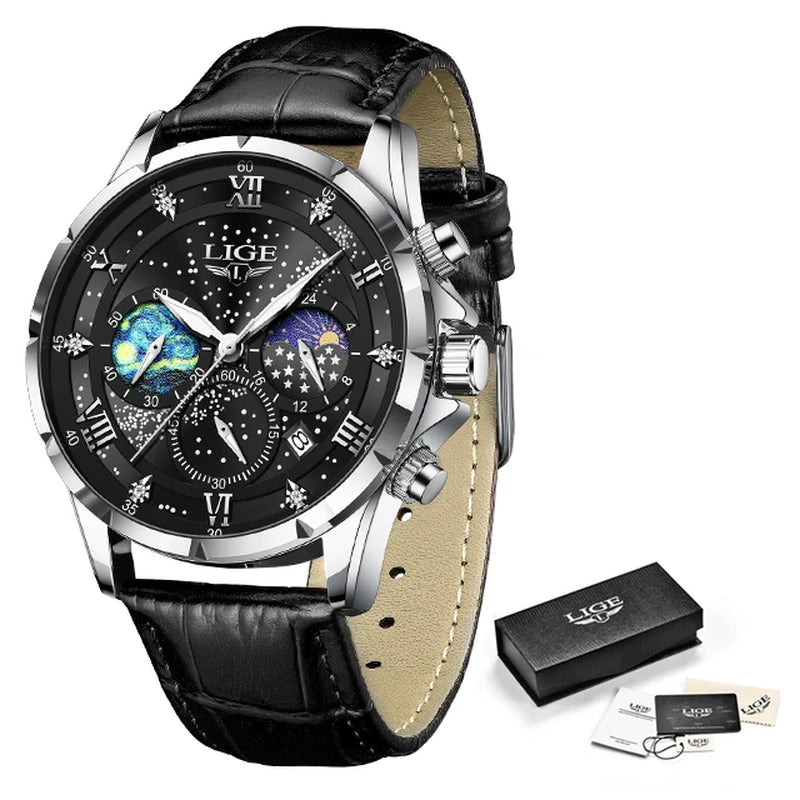 Montre Quartz LIGE Phase de Lune Cuir Homme