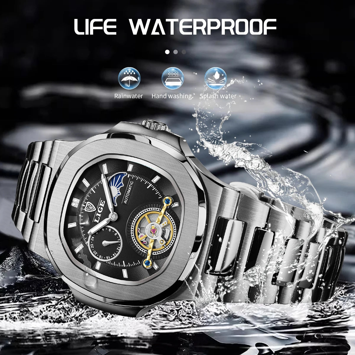 Montre Automatique LIGE Tourbillon Squelette Homme