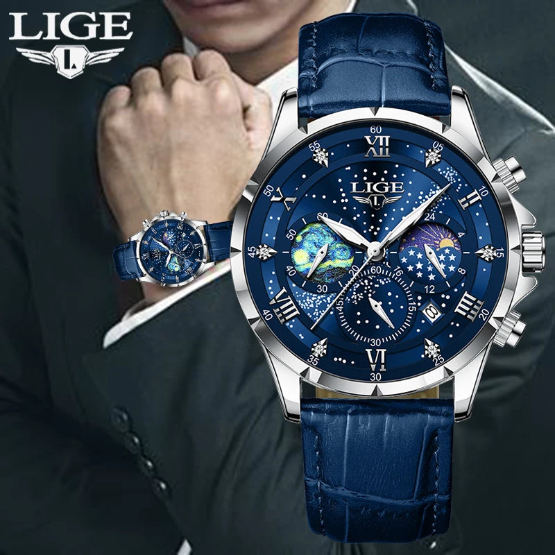 Montre Quartz LIGE Phase de Lune Cuir Homme