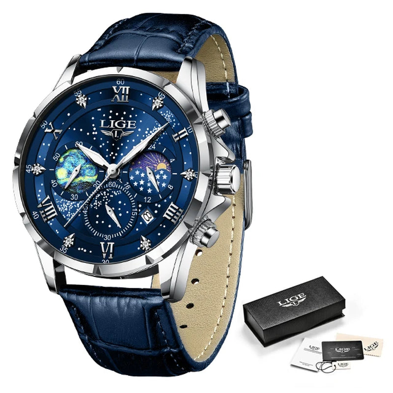 Montre Quartz LIGE Phase de Lune Cuir Homme