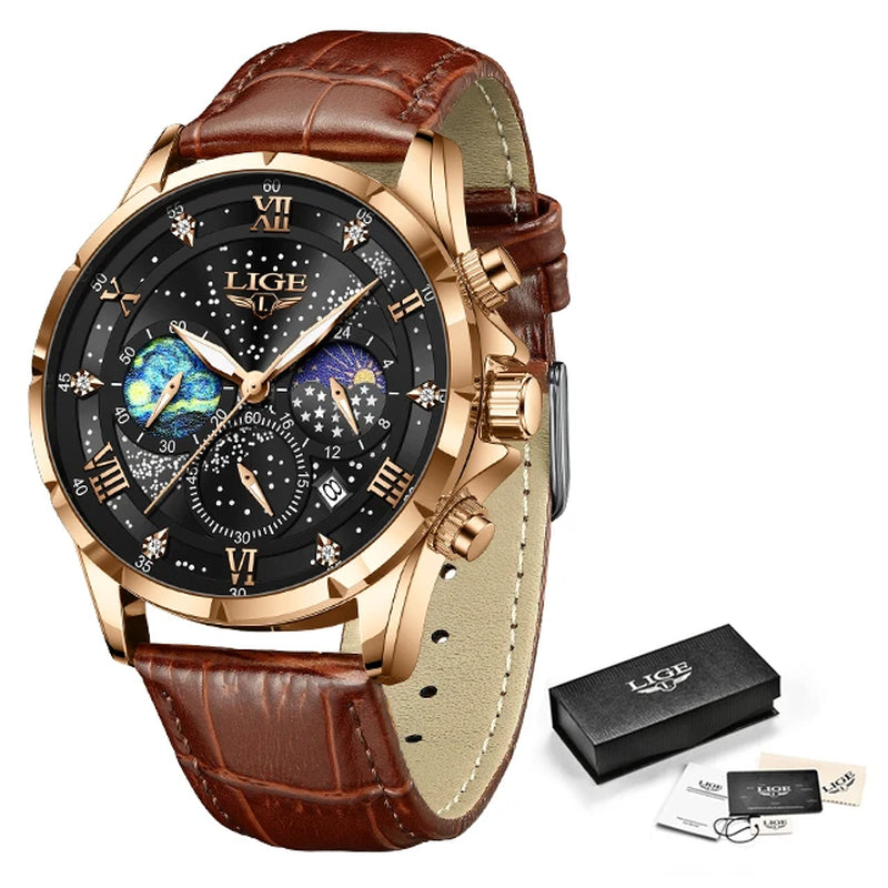 Montre Quartz LIGE Phase de Lune Cuir Homme
