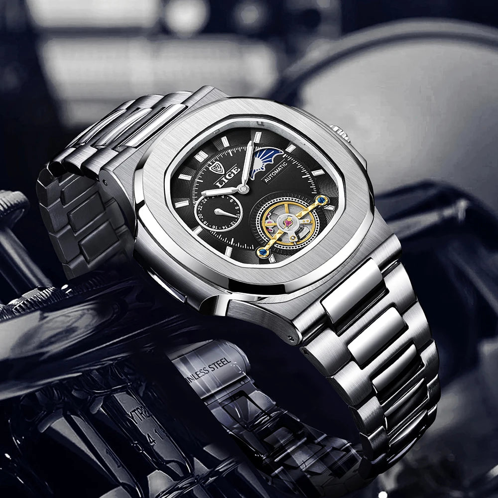 Montre Automatique LIGE Tourbillon Squelette Homme