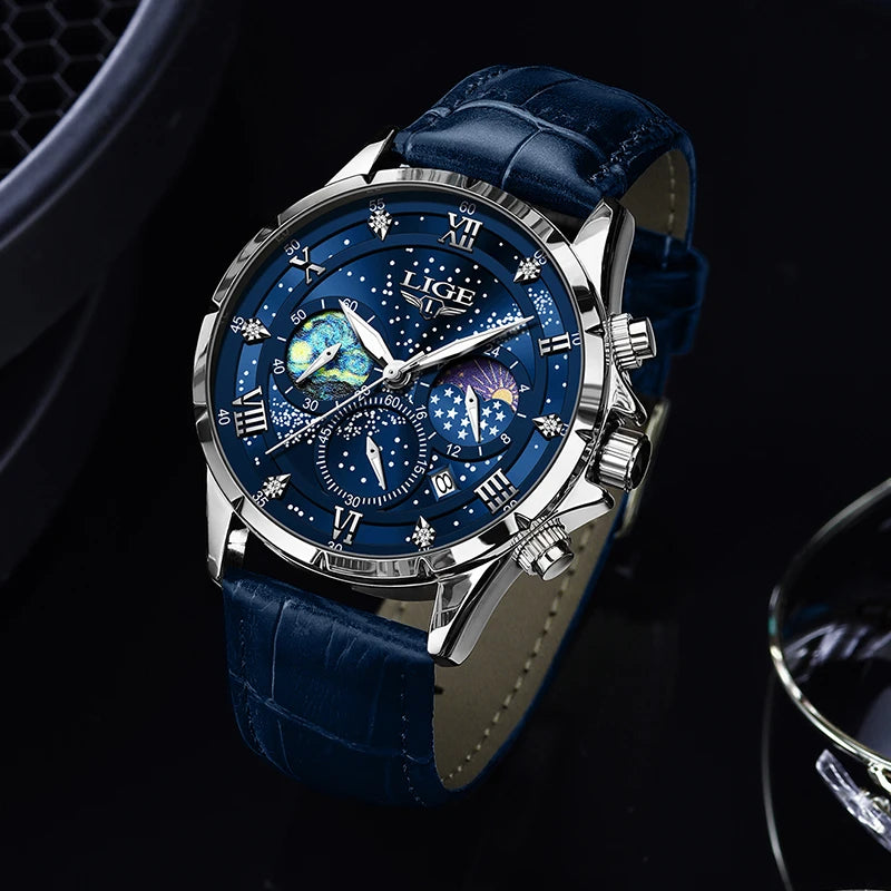 Montre Quartz LIGE Phase de Lune Cuir Homme