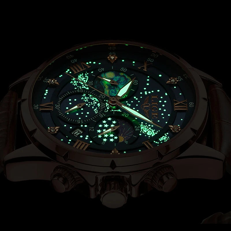 Montre Quartz LIGE Phase de Lune Cuir Homme