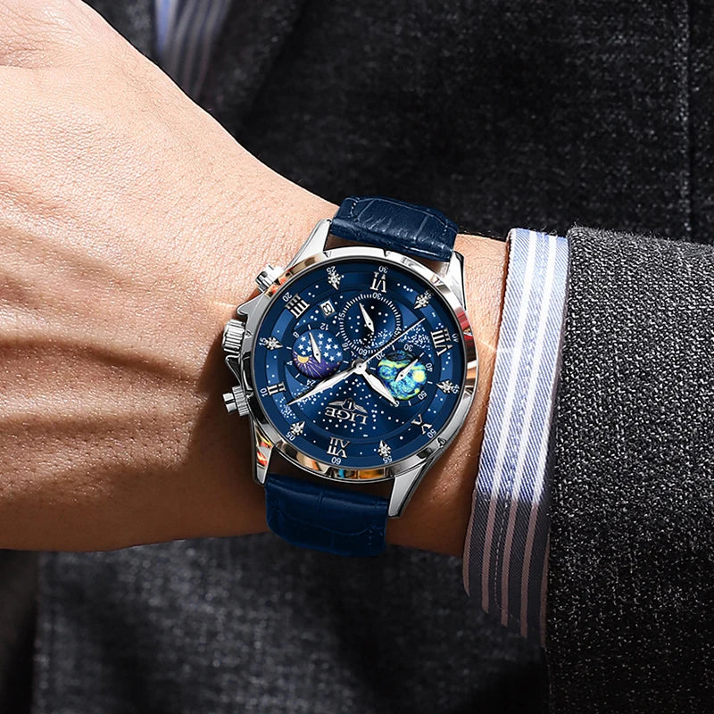 Montre Quartz LIGE Phase de Lune Cuir Homme