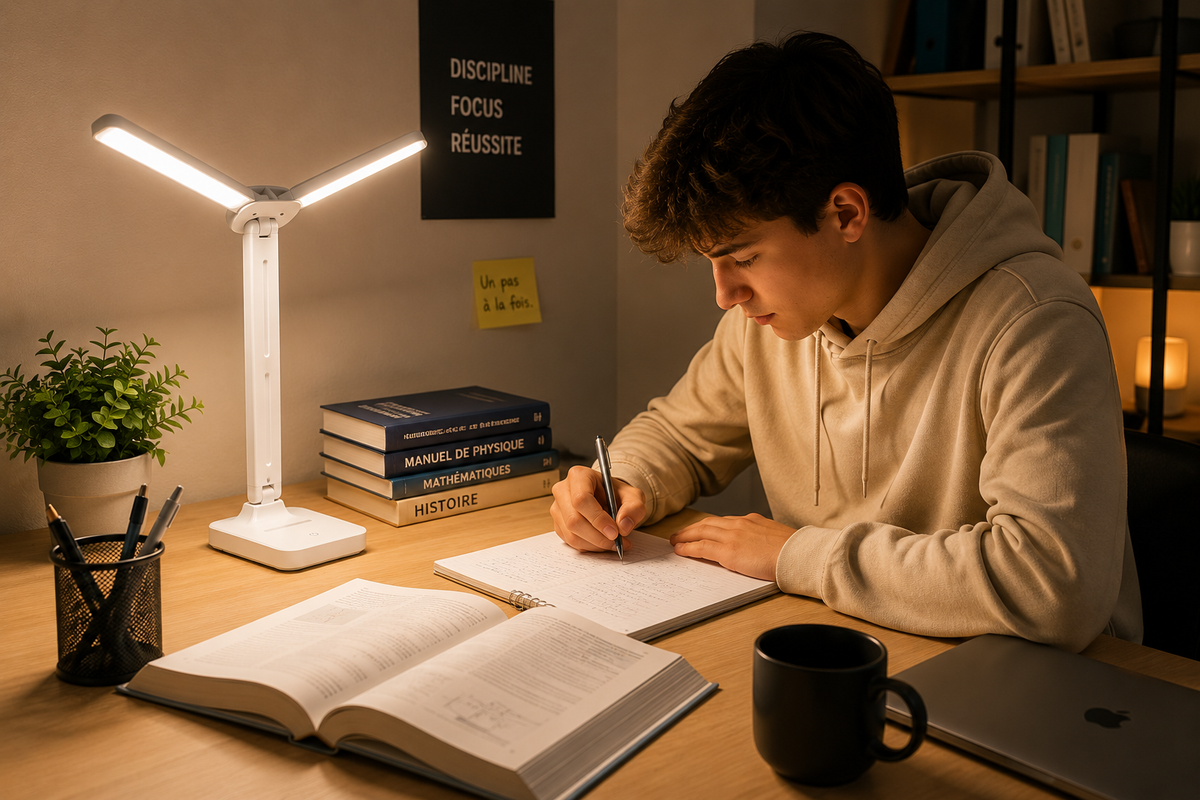 Un étudiant révise ses cours à son bureau, la lampe CLARTÉ éclairant ses livres et son cahier