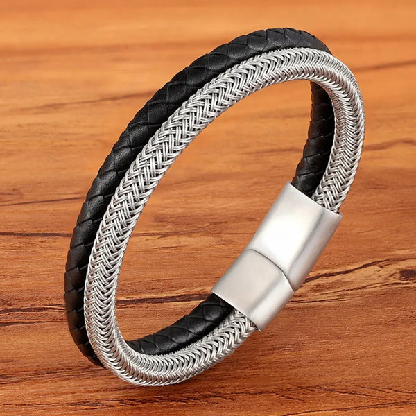 Bracelet Multi-Rangs Cuir & Acier Brossé