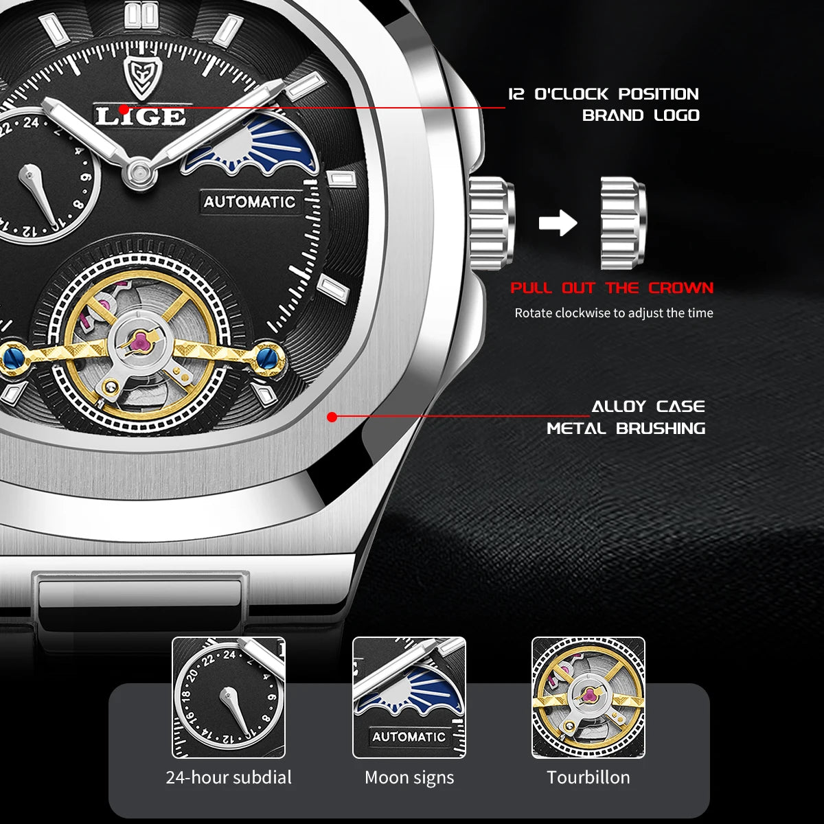 Montre Automatique LIGE Tourbillon Squelette Homme